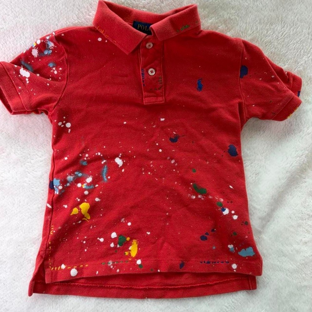 Polo Ralph Lauren Boys Size 5 Red Cotton Knit Polo Shirt Short Sleeve Splatter